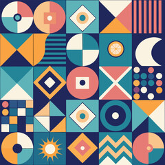 Geometric pattern vector background with Scandinavian abstract color or Swiss geometry prints of rectangles, squares and circles shape design