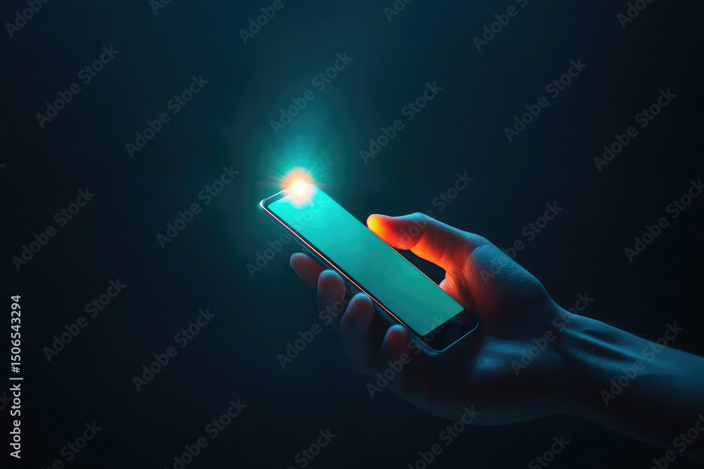 Poster smartphone in hand illuminated by light dark environment technology action scene close-up view conce