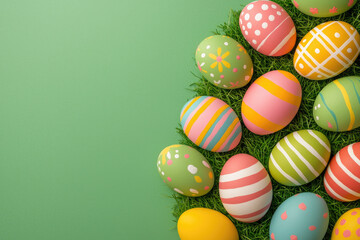 Obraz premium Colorful easter eggs displayed on green grass easter celebration decorative content spring environment top view perspective festive concept