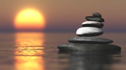 Pyramid, cairn on water at sunset, 3D rendering