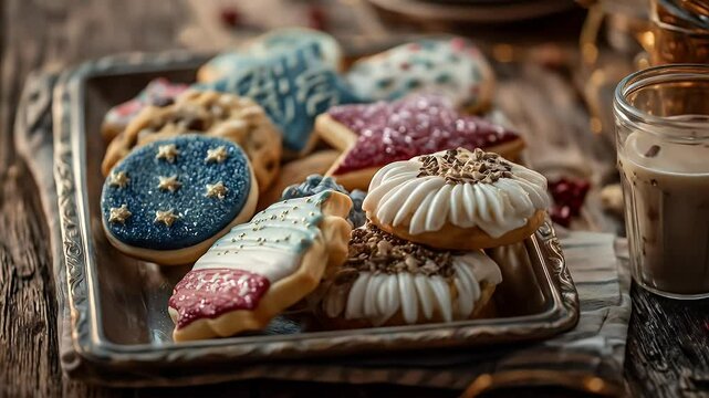 Assorted decorated cookies on rustic tray warm lighting