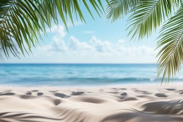 Framed Coastal Scene with Palm Leaf Shadows Over Sandy Dunes, Ocean Waves and Partly Cloudy Sky Evoking Summer Tranquility