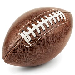 A brown leather football with white stitching, designed for playing American football. on white background