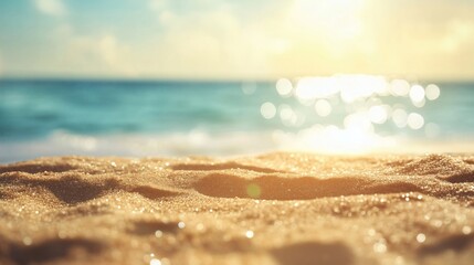 Tranquil Sandy Beach with Sparkling Sand and Ocean Waves under Bright Summer Sunlight