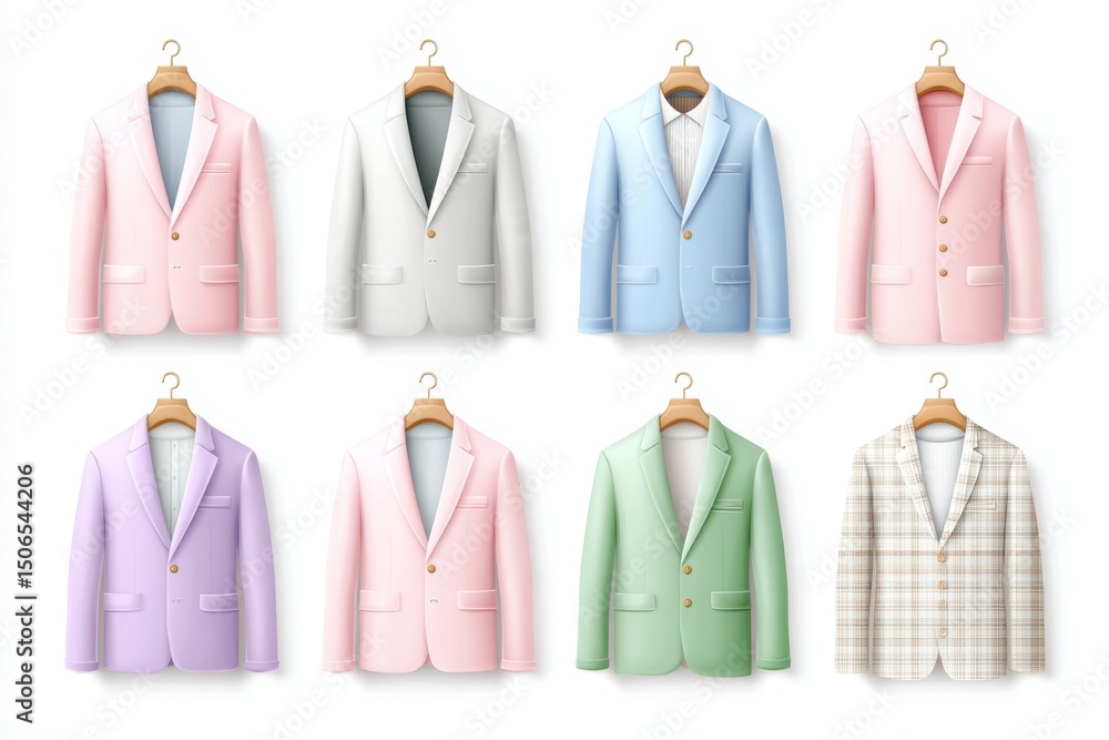 Poster a 2d flat vector set of blazers in different styles and colors on hangers on white background
