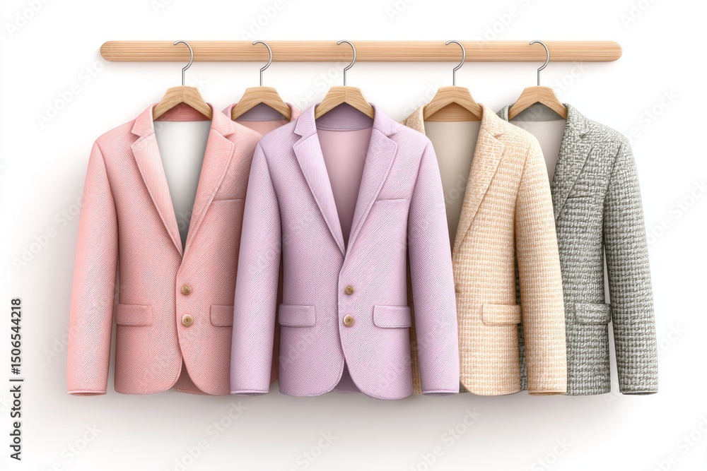 Poster a 2d flat vector set of blazers in different styles and colors on hangers on white background