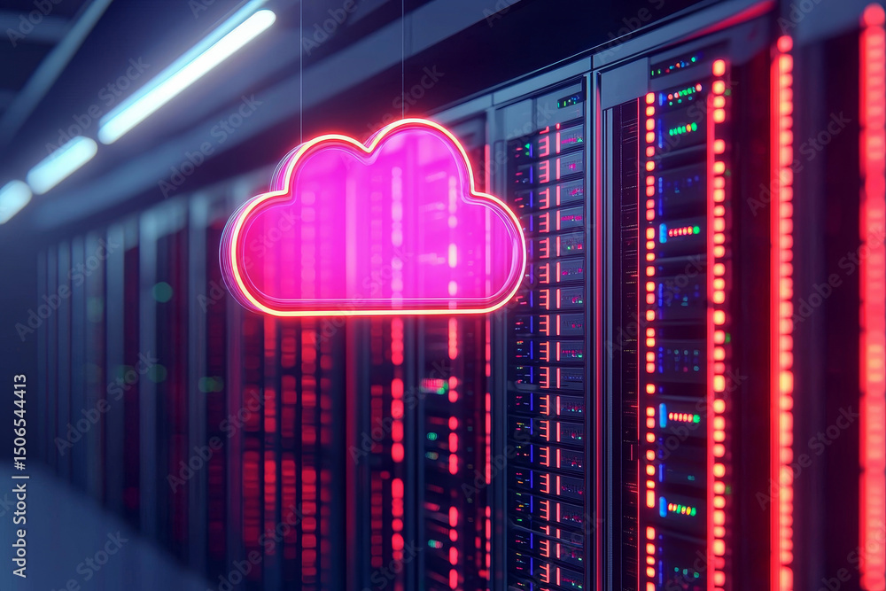 Aufkleber neon cloud sign illuminated in a server room with colorful lights. cloud computing services concept.