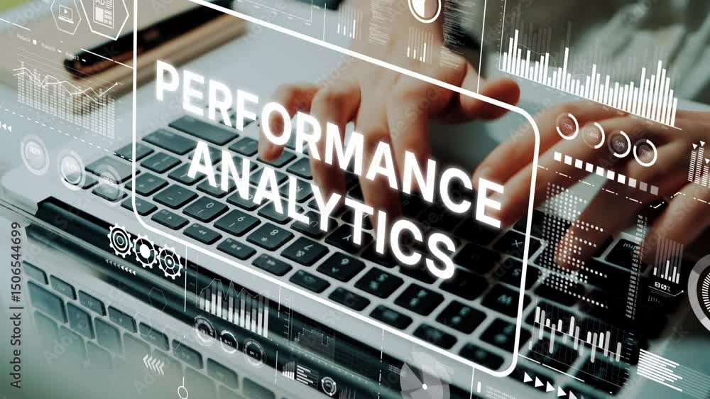 Poster hands on laptop with performance analytics overlays featuring data visualization and digital insight