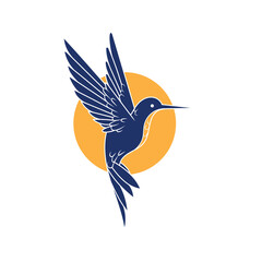 Obraz premium A blue and yellow bird with a long tail is flying in the air. The bird is the main focus of the image, and it is in motion. The blue and yellow colors create a sense of energy and freedom