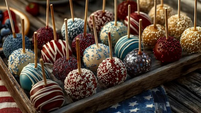 Colorful cake pops on rustic wooden tray festive dessert treats