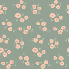 Garden of hand painted ditsy florals and leaves forming a minimalist botanical pattern in colors of cream, peach on green background. Floral seamless vector pattern. Great for home decor, fabric,gifts
