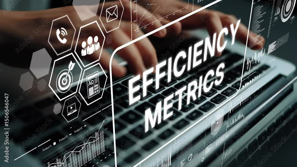 Poster hands typing on laptop with efficiency metrics overlays for business performance analysis and digita