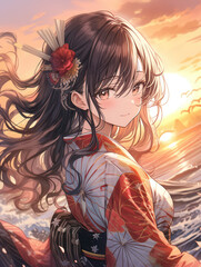 タイトル 日本画（Japanese painting）／美人画　美女　着物　anime　イラスト