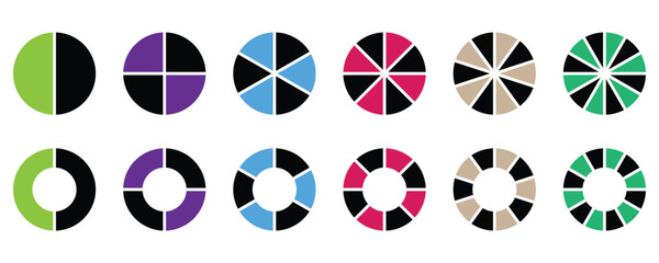 Pie charts diagram. Color pizza or donut round diagram. Circle pie chart icons. Set of different color circles isolated. Vector illustration isolated on white background. 