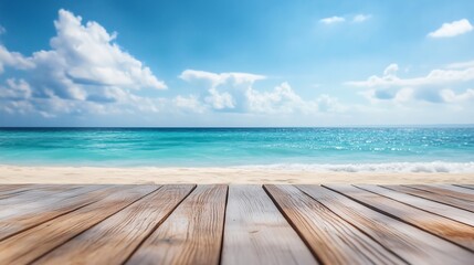 Fototapeta premium Wooden Table on Sunny Coastal Deck, Perfect for Product Display, with Beach View and Vibrant Summer Setting
