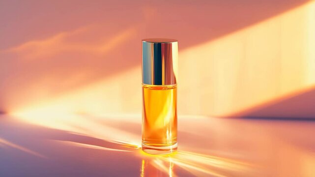 A bottle of perfume is sitting on a table. The bottle is made of glass and has a gold rim. The light shining on the bottle creates a warm, inviting atmosphere