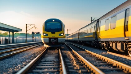 Naklejka premium Modern high speed train arriving at the station during a sunny day at dusk
