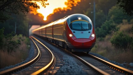 Naklejka premium Modern High Speed Train Approaching at Sunset Amidst Lush Green Scenery
