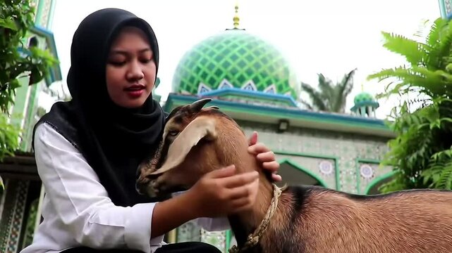 Muslim Woman Petting a Goat in Front of Mosque on Eid al-Adha
