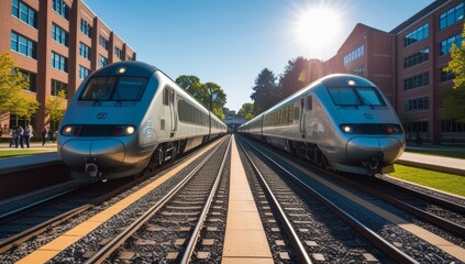 Naklejka premium Modern trains parked side by side with railway tracks and station in the background