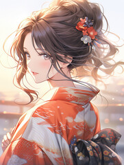 タイトル 日本画（Japanese painting）／美人画　美女　着物　anime　イラスト