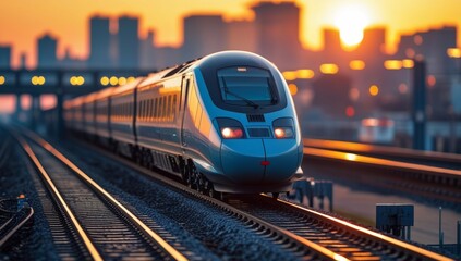 Naklejka premium Modern high speed train on railway tracks during sunset with city skyline