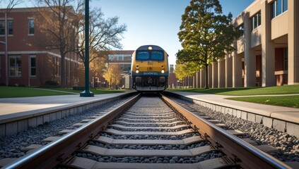 Obraz premium Modern Yellow Train Approaching on Tracks Surrounded by Green Campus Buildings