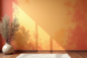 Warm Hues & Natural Decor: Empty Room with Sunlight & Dried Plants