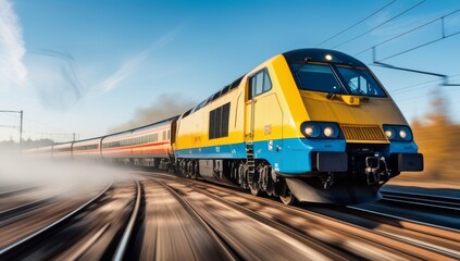 Naklejka premium Modern high-speed train moving fast along tracks on a bright blue sky day