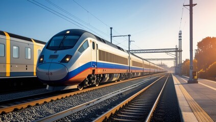 Naklejka premium Modern high speed train on railway station platform under the clear blue sky