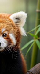 Fototapeta premium Red panda resting among bamboo leaves in a natural habitat 