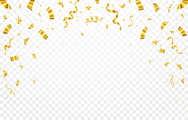 Celebration gold confetti background with ribbons and stars on transparent background. holiday, birthday, celebration party, confetti illustration.