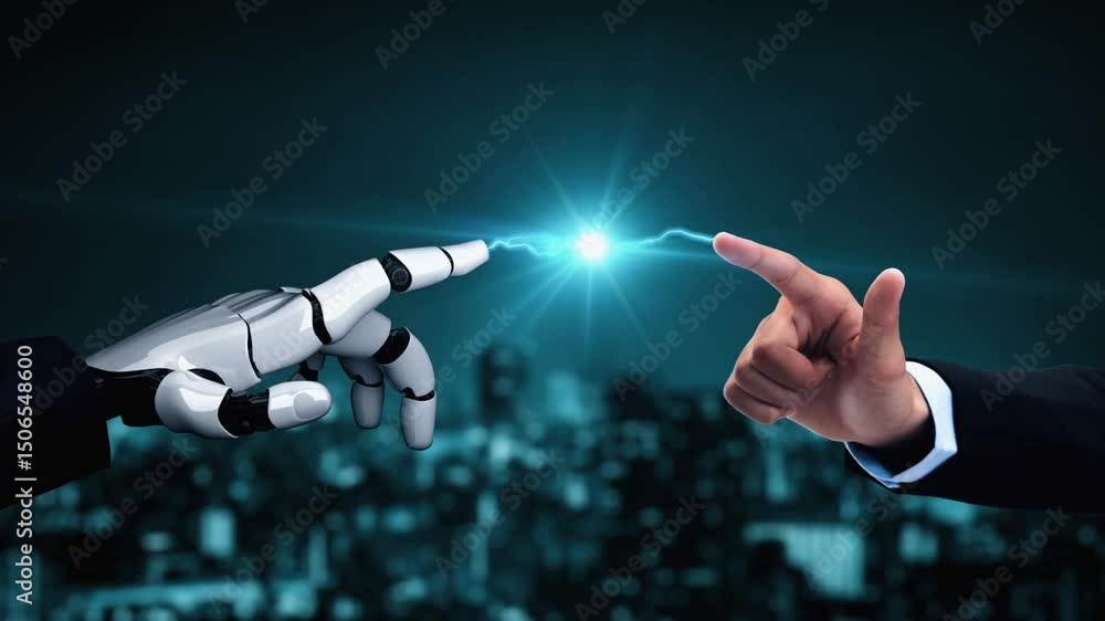 Poster futuristic robot artificial intelligence enlightening ai technology development and machine learning