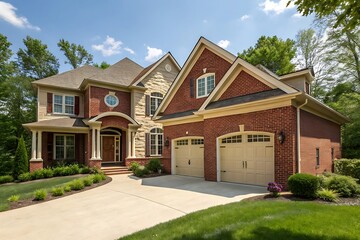 Elegant Beige Siding House with Red Brick and Trim Accents
