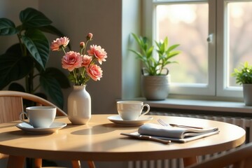Modern Scandinavian dining scene Coffee, flowers, elegant accessories, wooden furniture , nordic, frame