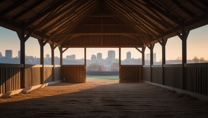 Rustic wooden structure offering a framed urban view at dawn in a serene landscape