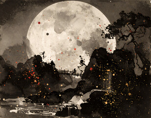 伝統の画帖に綴じられた絵に幾何的な構図が墨一色で描かれ、その上に水滴が落ちて滲んだ跡がある雨の痕跡としての浮き世の世界