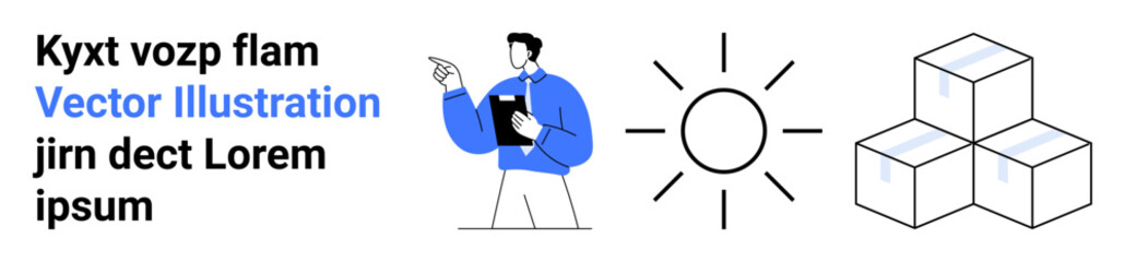 Person holding clipboard and gesturing, sun symbolizing energy or ideas, stacked cubes representing structure or planning. Ideal for business, education, energy, creativity, logistics, planning