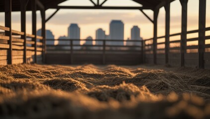 Rural serenity meets urban skyline blurred in background at golden hour