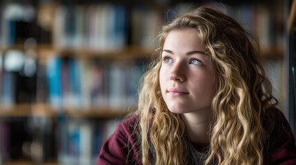 Fototapeta premium Young woman studying intently in a library, surrounded by books; the quiet pursuit of knowledge. Series.