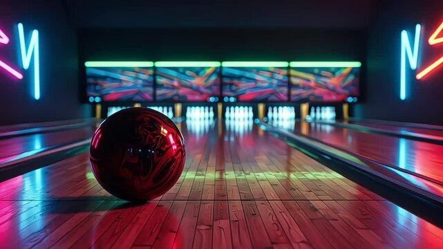 Bowling ball on lane with neon lights and pins in background