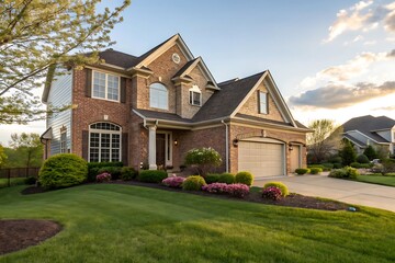Elegant Beige Siding House with Red Brick and Trim Accents
