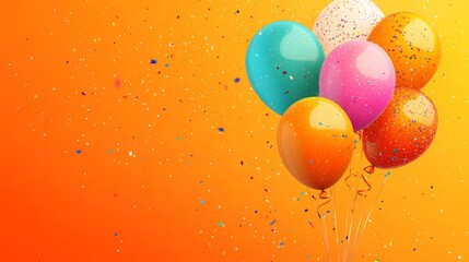 Bright colorful birthday balloons floating against vibrant orange background with ample copyspace for festive design and celebratory text placement
