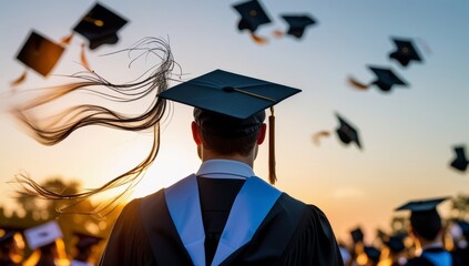 Graduation day celebrating achievement with mortarboards in the air at sunset