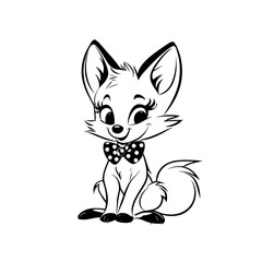 Obraz premium An adorable retro style cartoon fox sitting upright with a polka-dot bow tie, outlined in crisp black strokes on a pure white background