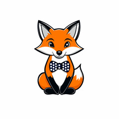 Obraz premium An adorable retro style cartoon fox sitting upright with a polka-dot bow tie, outlined in crisp black strokes on a pure white background