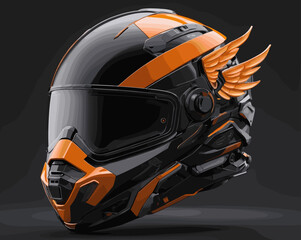 Futuristic Helmet Design with Dynamic Orange and Black Accents