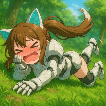 Cartoon Character of cheerful girl in white cat armor beams with joy, fierce warrior look softened by her playful expression, as the lush forest and bright sunlight infuse the scene.