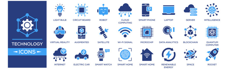 Technology and Innovation icon set. Containing design Light Bulb, Circuit Board, Robot, Cloud Computing, Smart Phone. Solid icon collection.