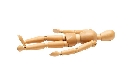 Isolated Wooden Mannequin Figure Lying Down on Transparent Background